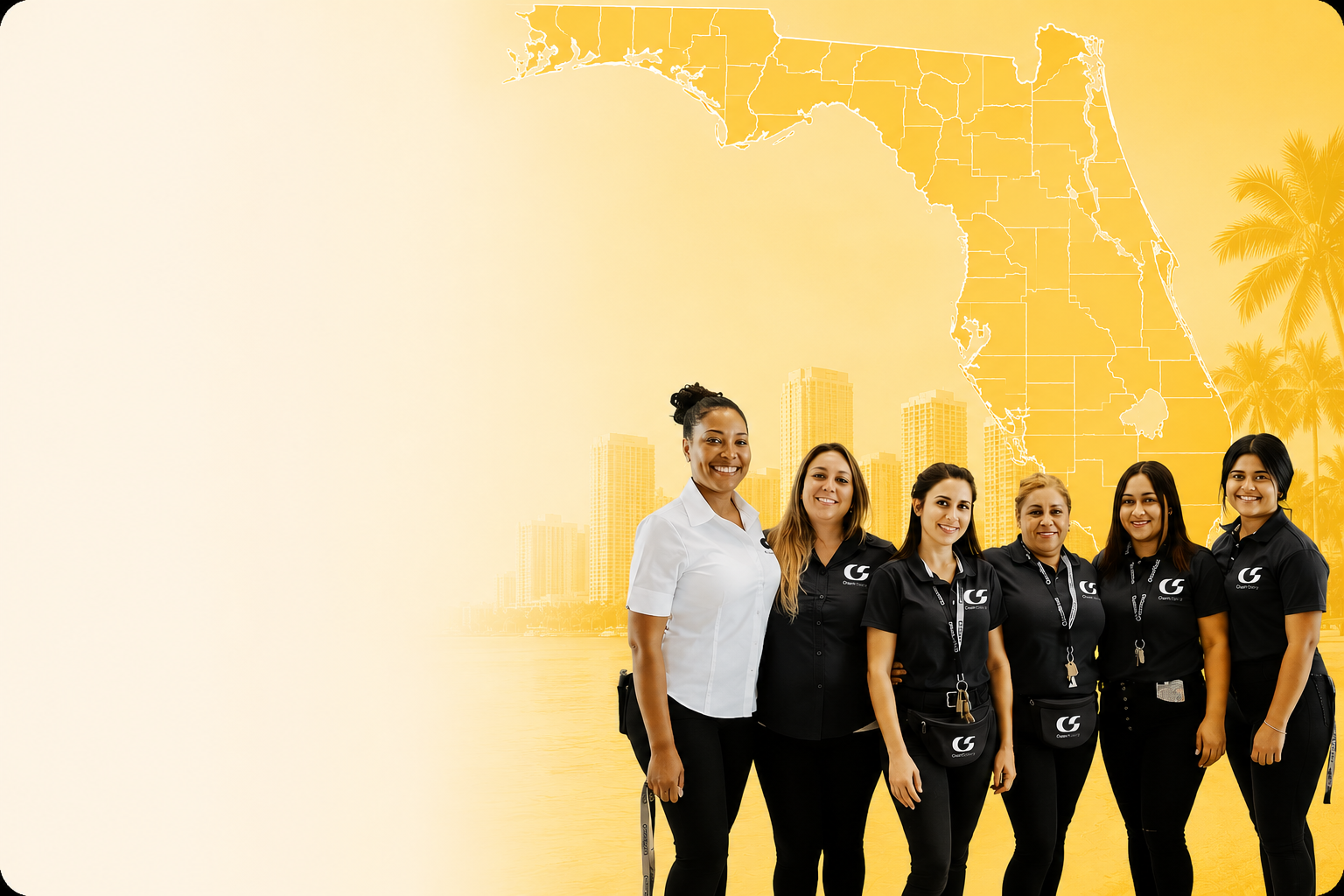A group of six female CleanSpace commercial cleaning team members standing together in branded uniforms, set against a yellow-toned background featuring a map of Florida, a city skyline, and palm trees.