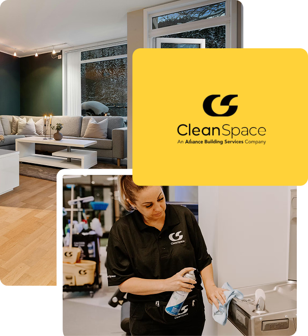 A female commercial cleaning worker wearing a black CleanSpace polo shirt spraying a surface cleaner onto a cloth while cleaning a water fountain, set against a background featuring a modern living area and a yellow graphic card with the "CleanSpace - An Alliance Building Services Company" logo.