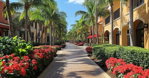Paved walkway lined with palm trees, red flowers, and Mediterranean-style buildings.
