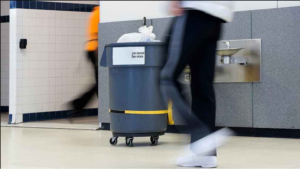 Janitorial trash cart labeled "Janitorial Services" sitting in a hallway near a water fountain as people walk past.